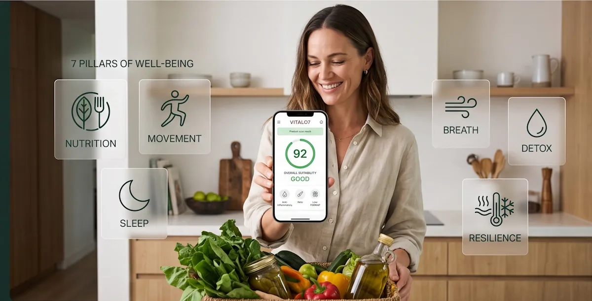 A woman in a kitchen holds a basket of vegetables and shows the VITALO7 Check app, where a scanned product scores 92 out of 100 — GOOD — against anti-inflammatory, keto and low-FODMAP protocols, framed by the seven pillars of well-being.