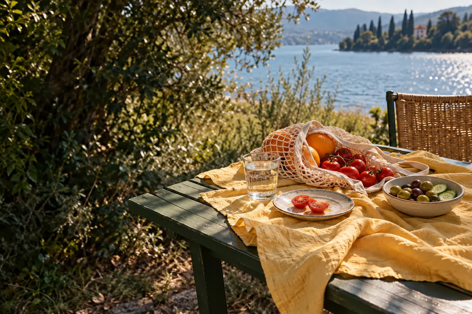 Editorial campaign illustration: a sunlit picnic table beside a lake, with a shopping bag of fruit, a bowl of olives and cucumber, and a glass of water.