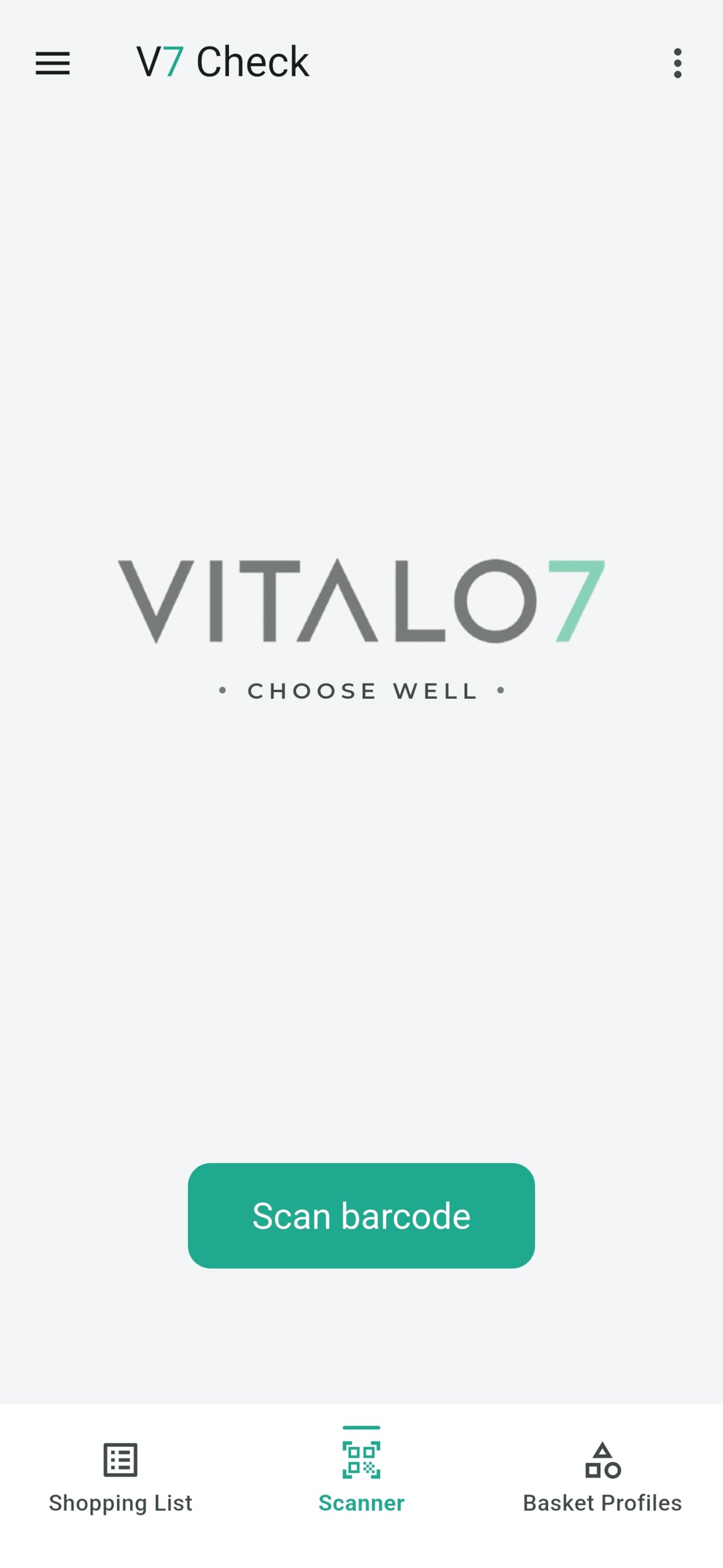 Actual V7 Check landing screen with Scan barcode, Shopping List and Basket Profiles navigation.